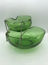 10” Emerald Green Glass Vintage Chip and Dip Glassware Set (3pc Set)