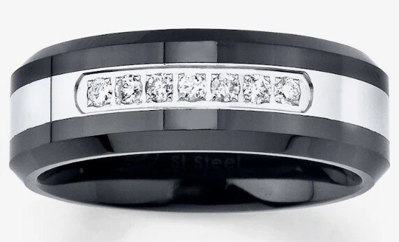 Men's Size 10 Stainless Steel And Ceramic Ring With 1/6 ct Round-cut Diamonds - Image 3 of 3
