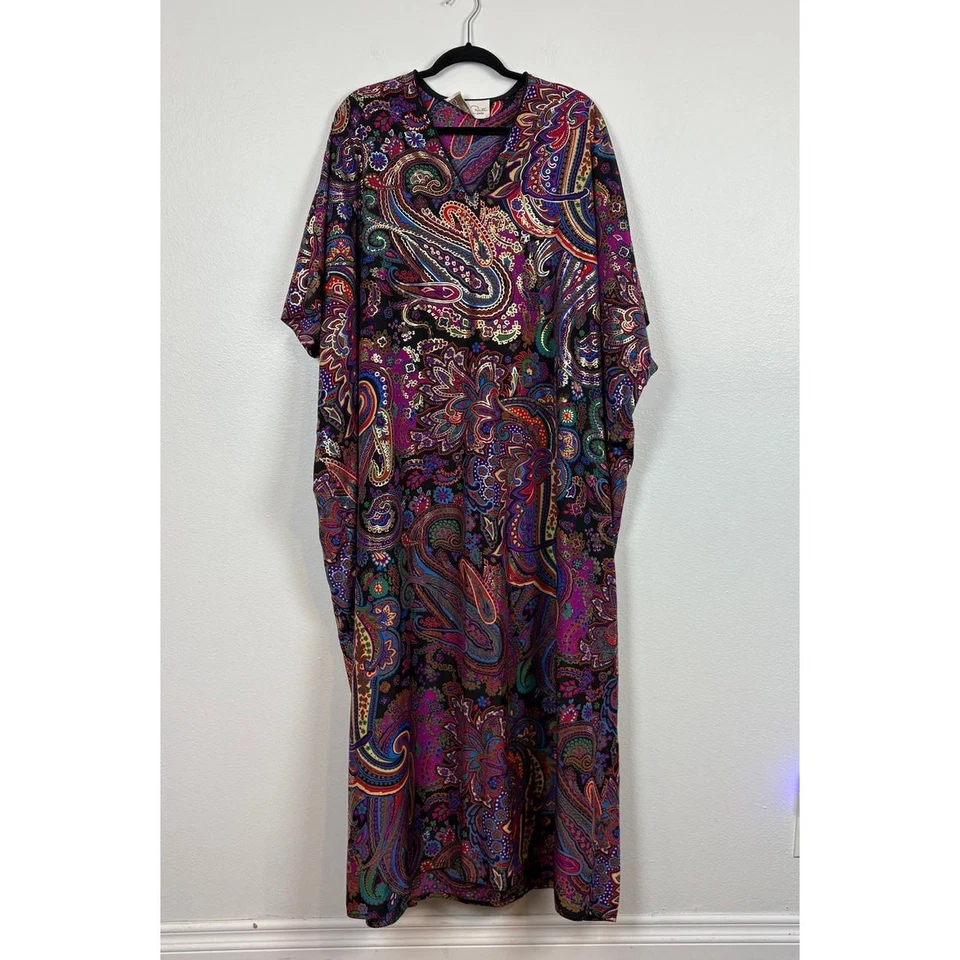 Oscar De La Renta Paisly Satén Dorado Resort Ropa Dinero Antiguo Clásico Caftán Mediano Foto 2 de 4