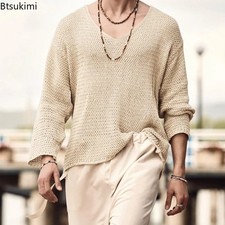 Fashion V Neck Thin Sweaters 2025 Men's Solid Long Sleeve Knitted Pullover Casua
