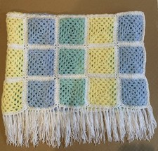 Hand Crochet Granny Square Baby Blanket 39  x25  Green Yellow Blue Lightweight