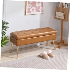  Upholstered Storage Bench – 40" Modern Faux Leather Ottoman for Oil Wax Brown