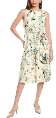 Anne Klein Dress Sz 8 Linen Blend Floral Fit & Flare Tie-Waist Green NWT APR242