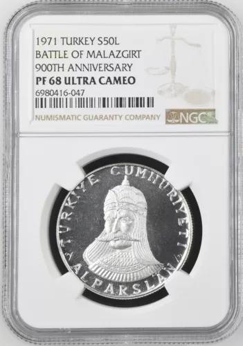 1971 Turkey Silver 50 lira Battle Malazgirt 900th Anniversary - NGC PF 68 UC