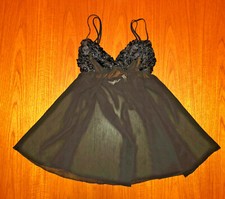 Victoria's Secret Black BabyDoll Negligee Sheer Mesh W/Ruffles Over Breasts Sz M