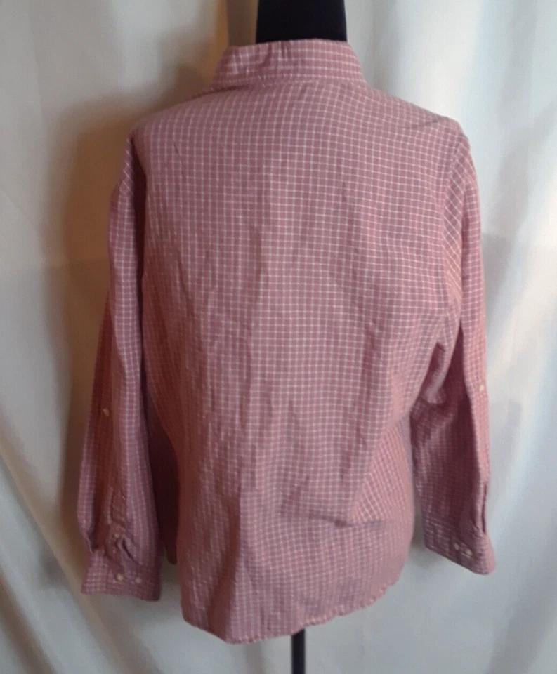 Top para mujer Liz & Co XL blanco malva a cuadros manga larga lengüeta enrollable mezcla de lino Foto 4 de 4