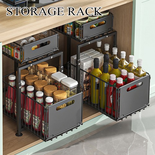 2-Tier Pull Out Basket Under Sink Kitchen Cupboard Organiser Drawer Storage Rack - Picture 9 of 35