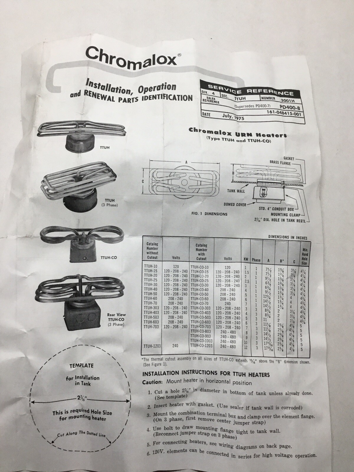 Chromalox URN Immersion Heater Type TTUH-703V 480 volts 3phase 7000w New Surplus