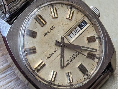 Vintage 1960's Belair Day-Date All SS French Made Dress Watch w/PUW 1464 Mvmt