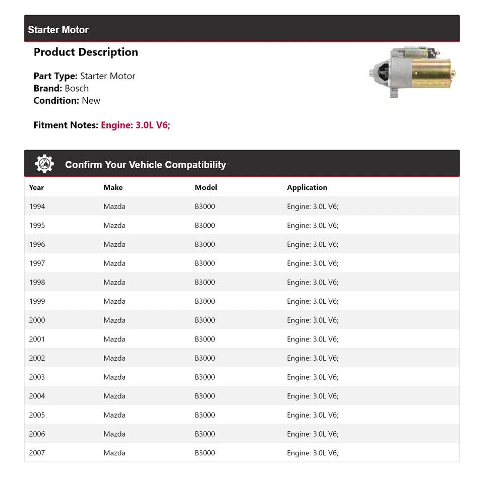 Para Mazda B3000 1994-2007 3.0L V6 Bosch Arranque (Nuevo) 1995 1996 1997 1998 1999 Foto 2 de 4