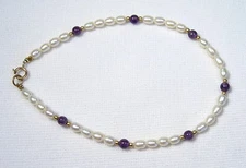 Lyn's Jewelry Freshwater Pearl and Amethyst Anklet Gold 9, 9.5 or 10"