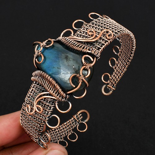 Natural Labradorite Gemstone Copper Wire Warpped Adjustable Bangle Jewelry - Picture 3 of 7