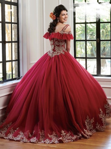 Burgundy Gold Quinceanera Dresses Ball 