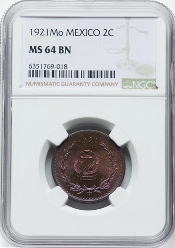 MEXICO ESTADOS UNIDOS 1921 2 CENTAVOS COIN NGC CERTIFIED UNCIRCULATED MS64-BN