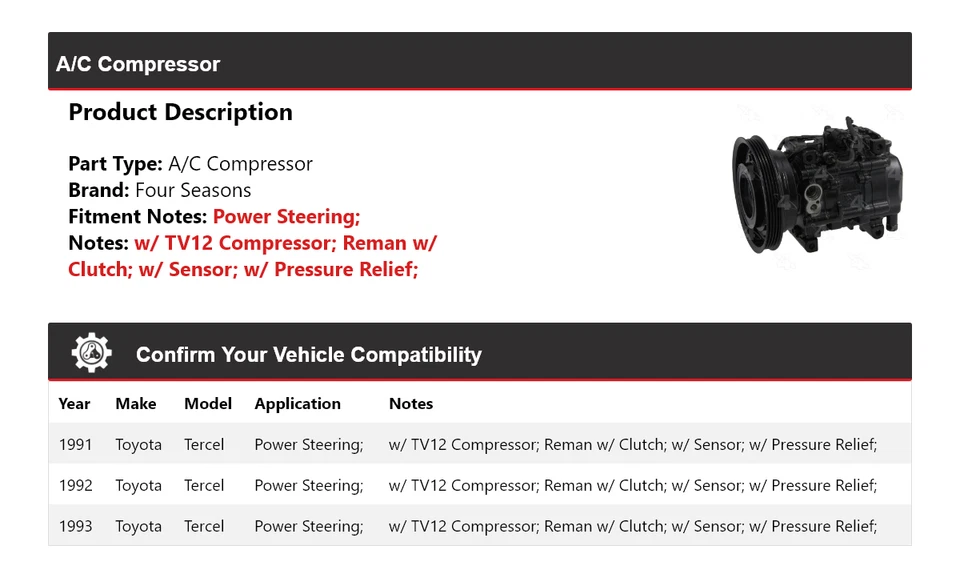 Compresor de aire acondicionado Toyota Tercel 1991-1993 4 estaciones 1992 Foto 2 de 4
