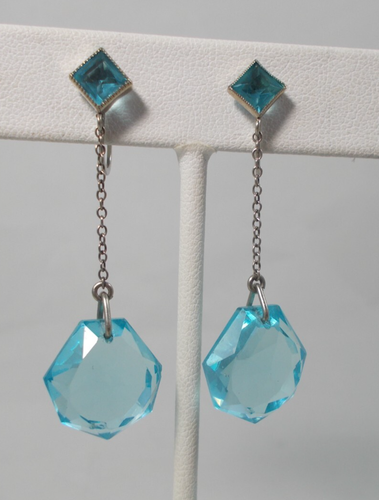 10k White Gold Blue Topaz Earrings 2" Long Screw Back Clip Dangle