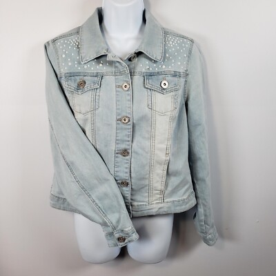 Womens Christopher & Banks Small Jean Jacket Stretch Rhinestones Stone Wash /R42