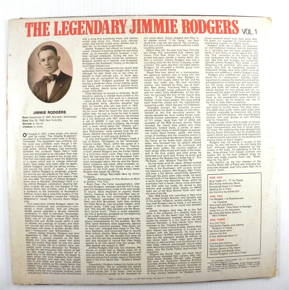 Jimmie Rodgers – The Legendary Jimmie Rodgers Vol. 1 ~ 1974 2 Vinyl LPs RCA - Image 2 of 4
