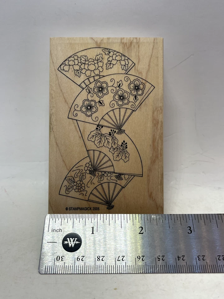 Juego de 4 sellos de goma con montaje en madera de flores para abanicos orientales, kimono, geisha, flores Foto 2 de 4