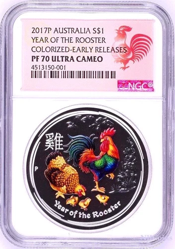 2017 Australia PROOF Colored Silver Lunar Year of the Rooster NGC PF70 1oz Coin