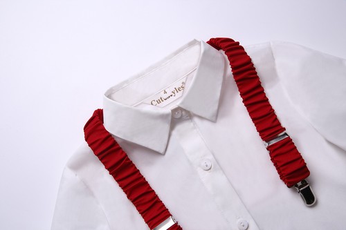 Gentleman Boys Holiday Formal Suit Outfits 4 Pieces White Tops + Red Shorts Bow - Picture 11 of 19