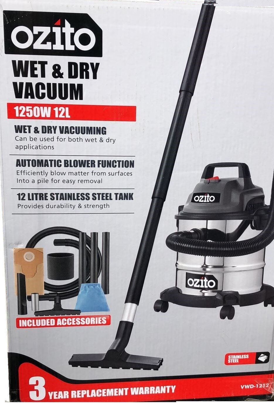 Ozito 1250W 12L Stainless Wet And Dry Vacuum VWD1212 eBay