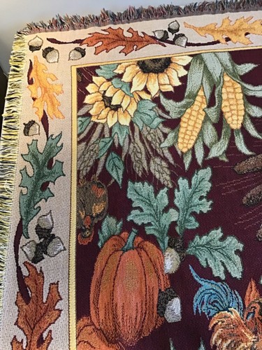 Fall Tapestry Throw Sunflowers Pumpkins Farm Rooster Blanket Cottage ~72” x 52” - Picture 8 of 9