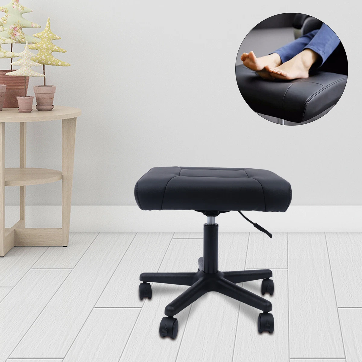 Footrest Adjustable Height Footstool with Wheels Rolling Under