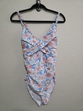 Women's One Piece Swimsuit Tummy Control Front Cross V Neck Pink Floral Large