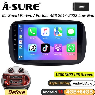 DAB+ Für Smart Fortwo 453 4+64G Android 15 Autoradio Carplay RDS DSP BT GPS Navi