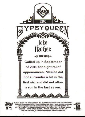 2011 Topps Gypsy Queen Baseball #290 Jake McGee (RC) - Picture 2 of 2