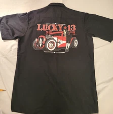Lucky 13 Mens Large Red Kap Workwear Black graphic Print Hot Rod short sleeve