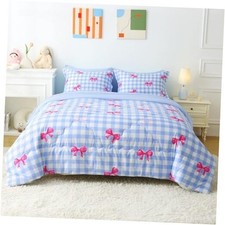 Bow Comforter Set 7 Piece Blue White Plaid Comforter Sets for Full Blue Bow