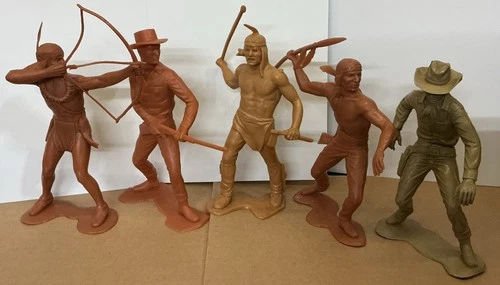 (5) Vintage 1964 Louis Marx & Co. Cowboys & Indians 6" Plastic Figures Toys