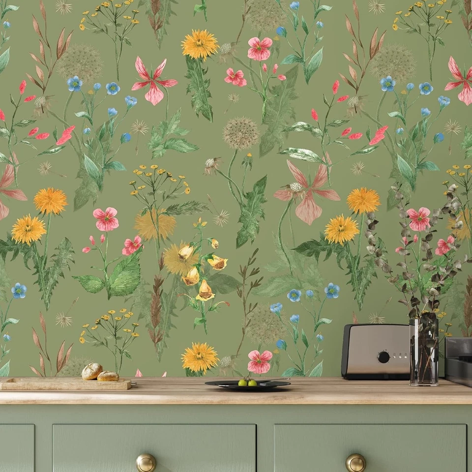Papel Pintado Flor Salvaje VEELIKE Pelar y Pegar Vintage 17,7 x 118", Verde Foto 3 de 4
