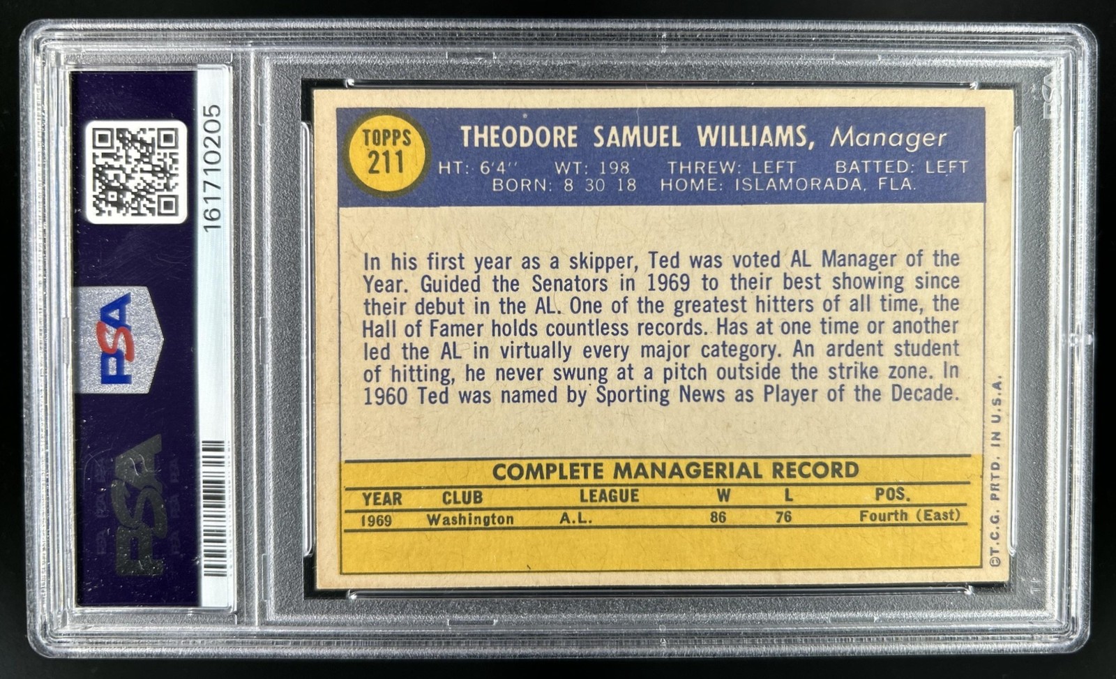 1970 Topps Ted Williams #211 Senators PSA 4 view 2