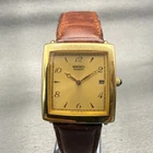 Seiko Tank Watch Men 29mm Gold Dial Gold Tone Date Rectangle 7N29-5049 New Batt