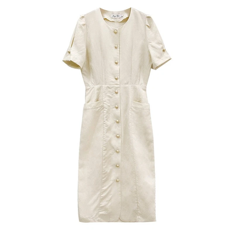 OFF WHITE Abito donna stile francese retrò bottoni manica corta cotone lino medio lungo tubino