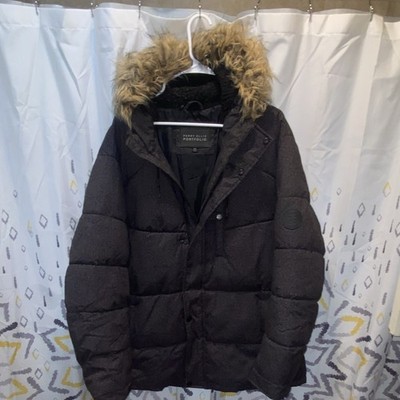 Perry Ellis Portfolio Men's XXL Gray Hooded Puffer Jacket Full Zip Fur Trim