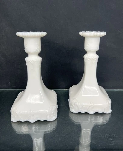 PAIR! VTG!  Westmoreland milk glass "Paneled Grape" pattern candlestick Holders