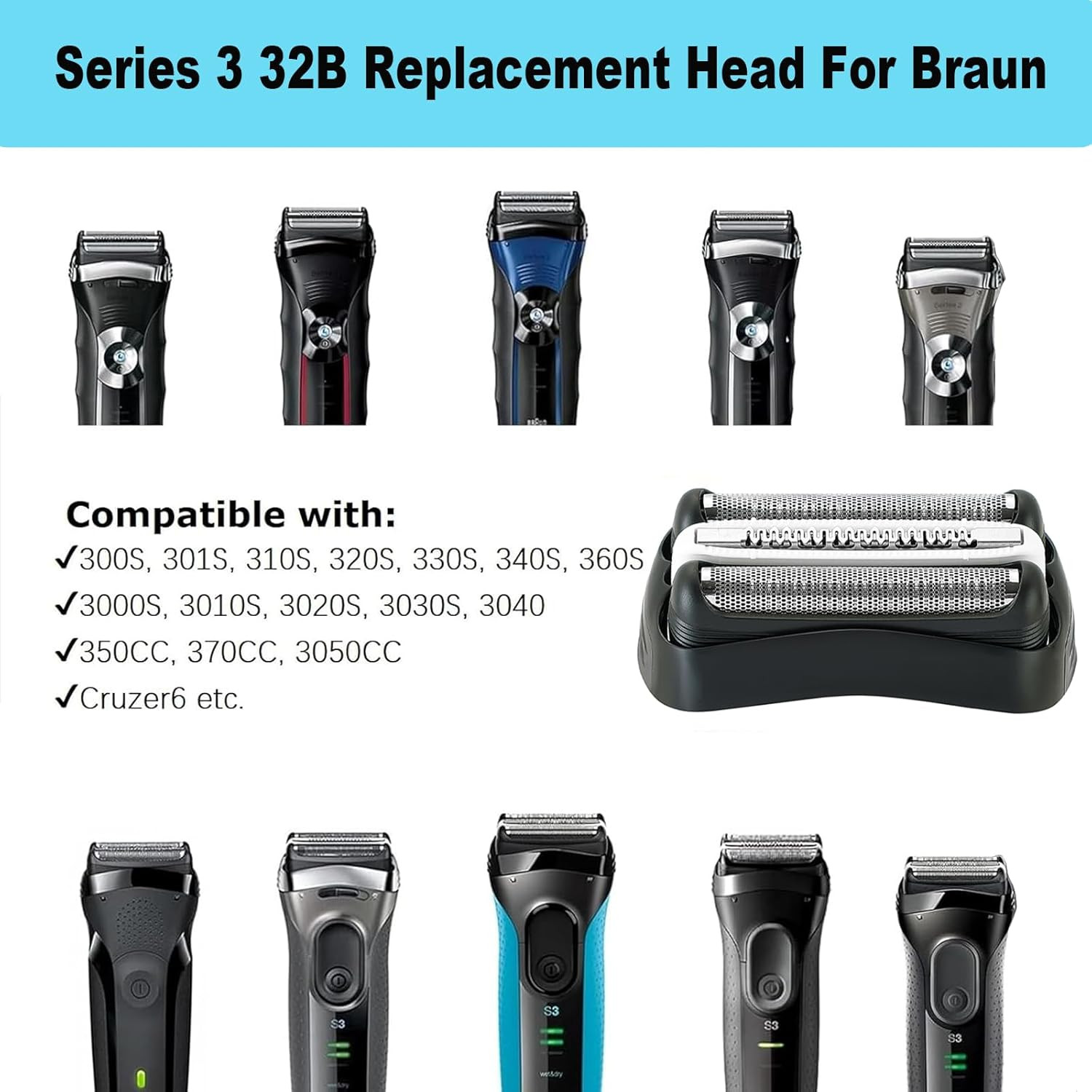 Series 3 32B Replacement Shaver Head, Compatible with Braun S3 Razors 301S, 310S
