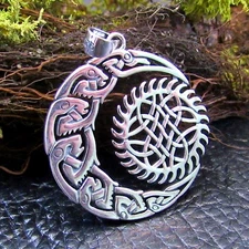 Solid 925 Sterling Silver Crescent Moon And Sun Pendant Celtic Zoomorphic Beasts