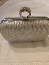 Silver Beaded Evening Clutch Bag with Ring Handle and Chain Strap