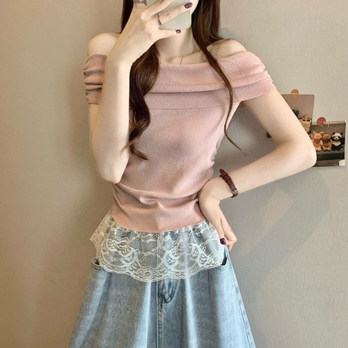 Chic Women Lace Off Shoulder Short Sleeve T Shirt for Outdoor Activities - Picture 6 of 17