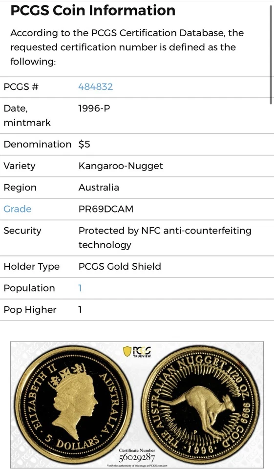 1996 $5 Australia 1/20 Oz Gold Proof Kangaroo Nugget • PR69 POP 1 • 1000 Minted - Image 2 of 3