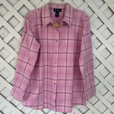 Denim & Co Pink Plaid Long Sleeve Cotton Shirt Button Up size Large