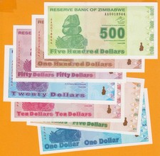 Zimbabwe set 1 5 10 20 50 100 500 dollars 2009 UNC P-92 93 94 95 96 97 98