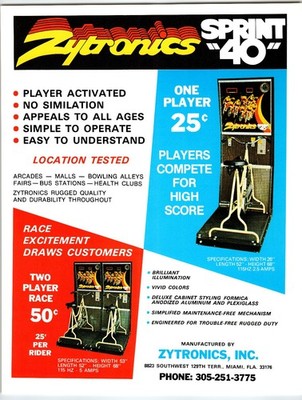 Vintage Zytronics Sprint 40 Arcade Flyer 1970s Miami Game Promo
