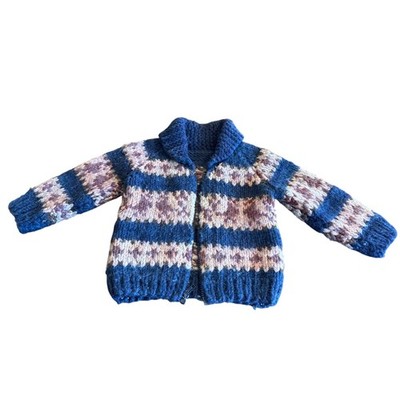 Children s zip up handmade knit woolen sweater blue tan red thick warm winter