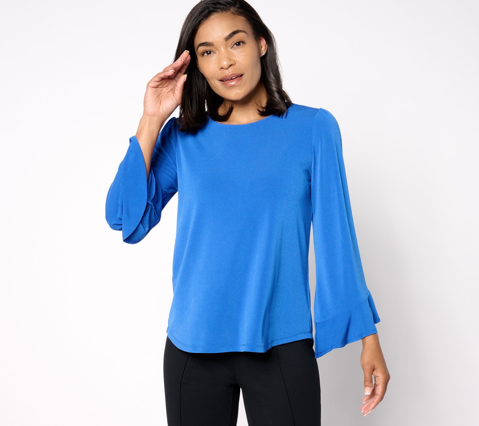 Dennis Basso Women's Top Sz XS Caviar Crepe Knit with Ruffle Sleeve Blue A615657